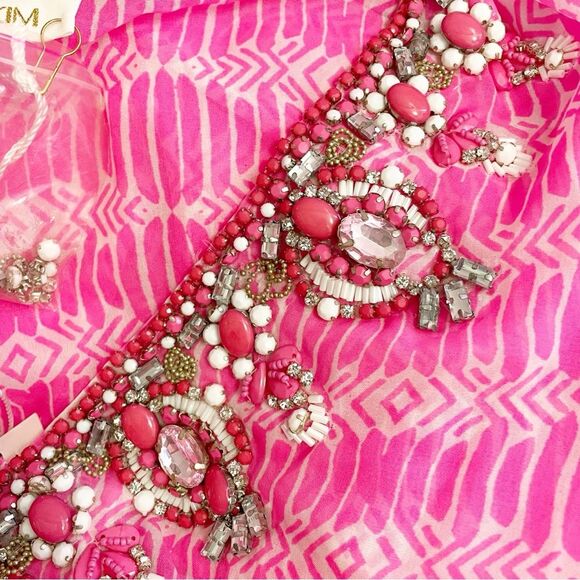 NWT Yumi Kim Maze Cover Up Jeweled Beaded Cinched Kaftan Hot Pink Sheer Size M/L - Picture 11 of 16